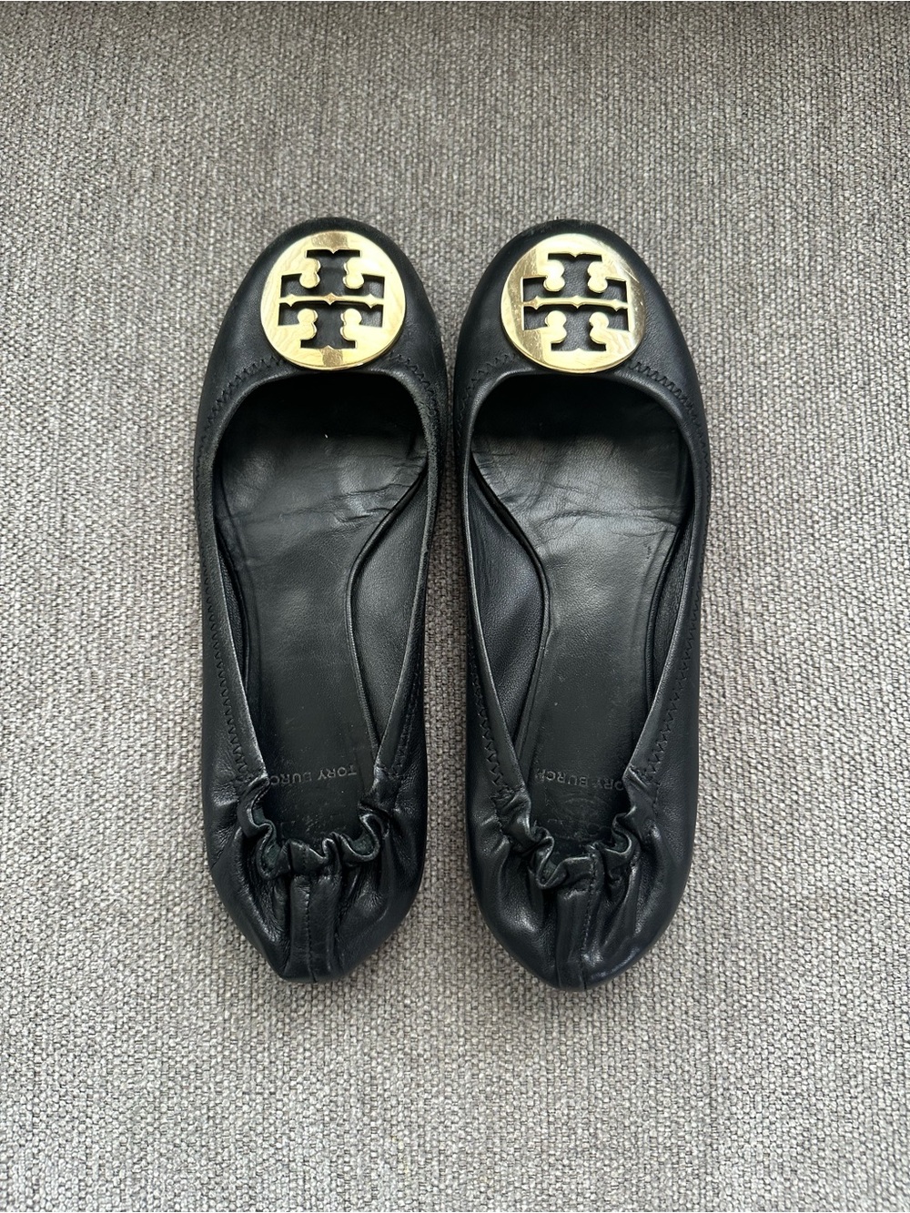 Tory Burch Black Leather Ballet Flats with Gold Logo